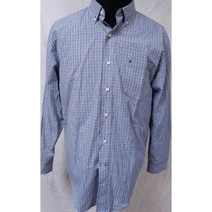 Izod Mens Large Blue Brown Check Striped Long Sleeve Button Down Logo Shirt